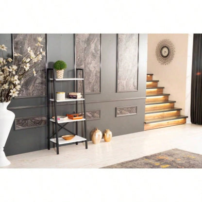 Leon 5 Tier Modern Ladder Bookshelf Organizers, Metal Frame Bookshelf Small Spaces in Your Living Rooms, Office Furniture Bookcase, White