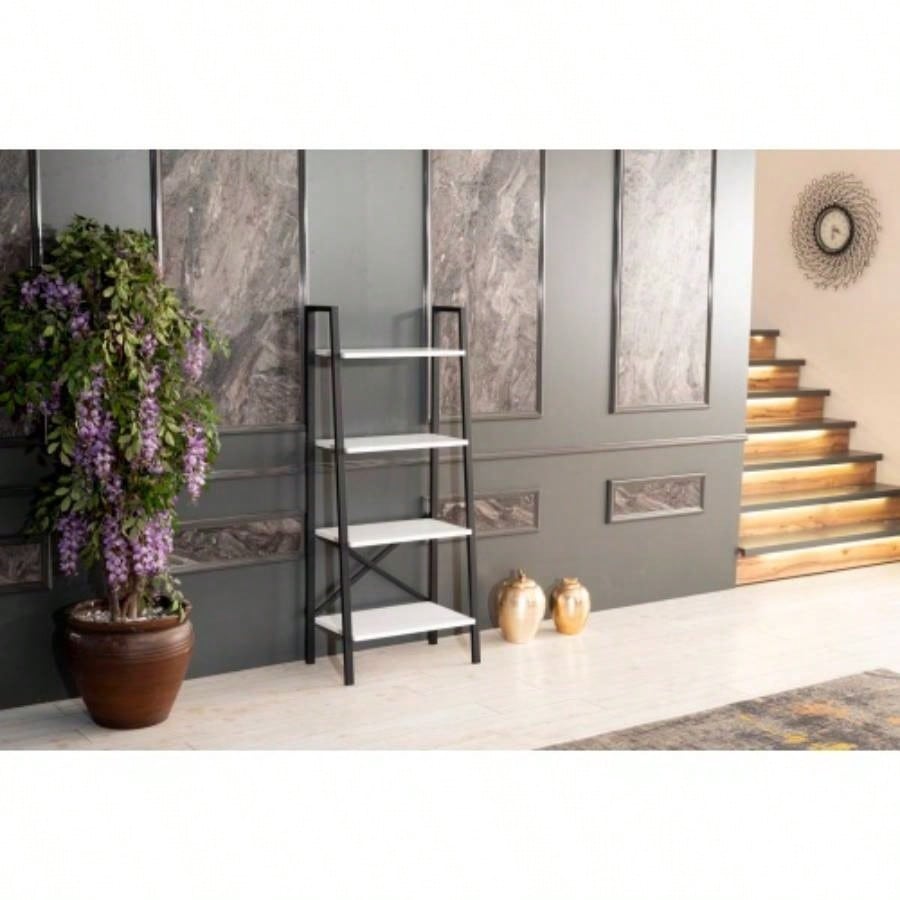 Leon 5 Tier Modern Ladder Bookshelf Organizers, Metal Frame Bookshelf Small Spaces in Your Living Rooms, Office Furniture Bookcase, White