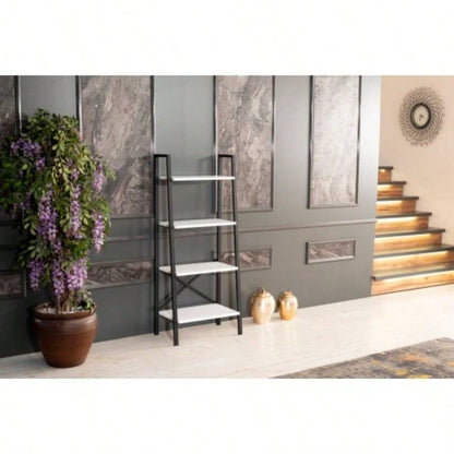 Leon 5 Tier Modern Ladder Bookshelf Organizers, Metal Frame Bookshelf Small Spaces in Your Living Rooms, Office Furniture Bookcase, White