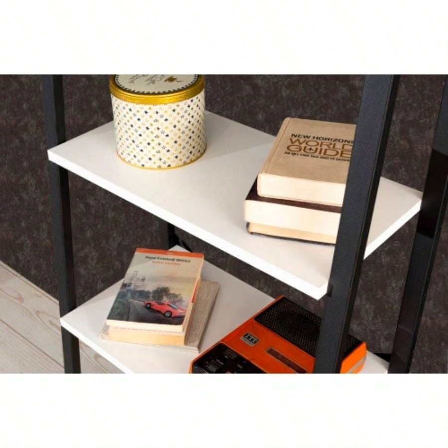 Leon 5 Tier Modern Ladder Bookshelf Organizers, Metal Frame Bookshelf Small Spaces in Your Living Rooms, Office Furniture Bookcase, White