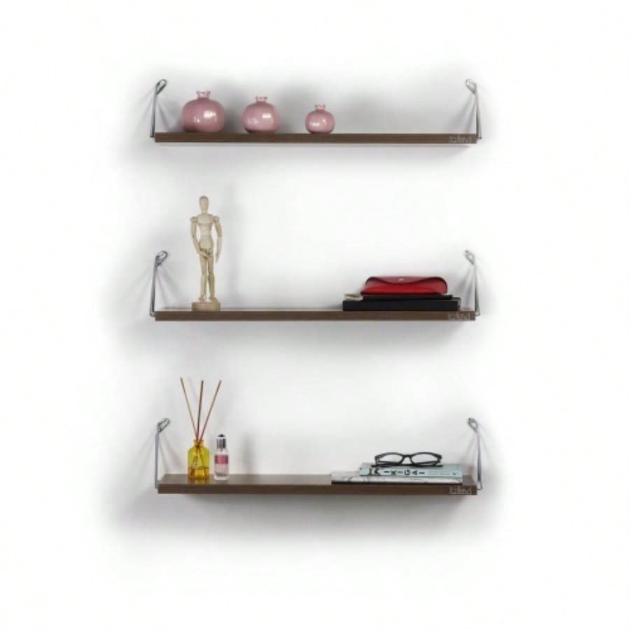 Altai Floating Wall Decor Wall Mounted Rustic Decorative Hanging Metal Bracket Triple Shelfs Books, Walnut/