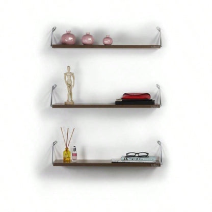 Altai Floating Wall Decor Wall Mounted Rustic Decorative Hanging Metal Bracket Triple Shelfs Books, Walnut/