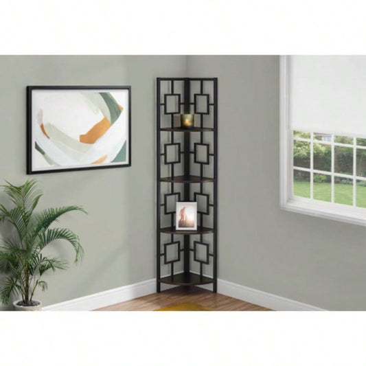 Bookshelf, Bookcase, Etagere, Corner, 4 Tier, 62h, Office, Bedroom, Brown Laminate, Black Metal, Contemporary, Modern