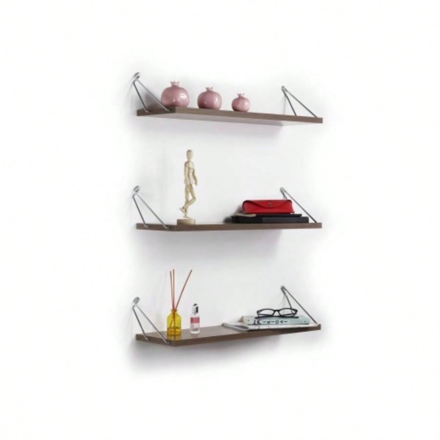 Altai Floating Wall Decor Wall Mounted Rustic Decorative Hanging Metal Bracket Triple Shelfs Books, Walnut/