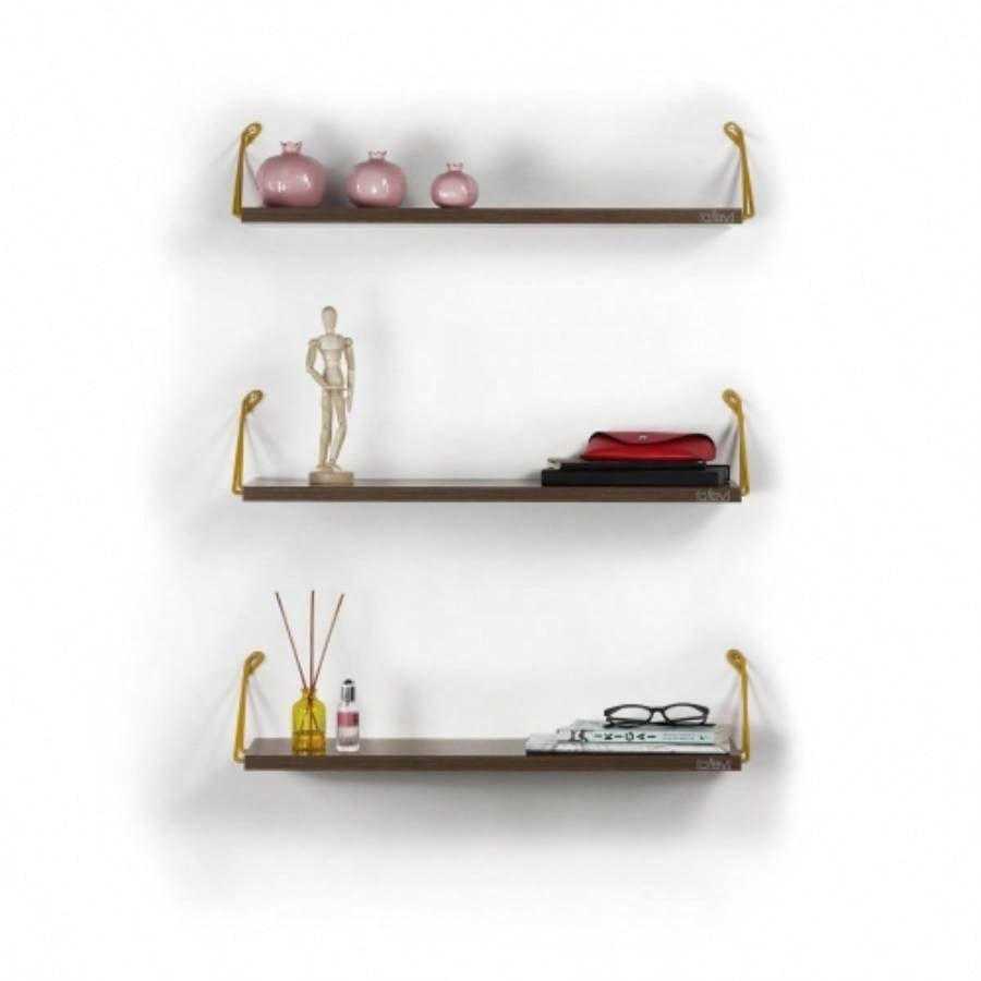 Altai Floating Wall Decor Wall Mounted Rustic Decorative Hanging Metal Bracket Triple Shelfs Books, Walnut/