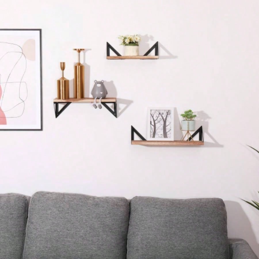 Floating Shelves, Long Wall Shelves Set of 3, Wall Mounted Shelves with Brackets Bedroom, Living Room, Kitchen, Bathroom - Natural Wood