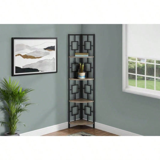 Bookshelf, Bookcase, Etagere, Corner, 4 Tier, 62h, Office, Bedroom, Brown Laminate, Black Metal, Contemporary, Modern