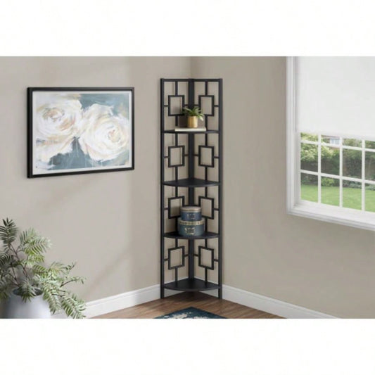 Bookshelf, Bookcase, Etagere, Corner, 4 Tier, 62h, Office, Bedroom, Black Laminate, Black Metal, Contemporary, Modern
