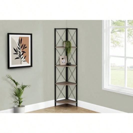 Bookshelf, Bookcase, Etagere, Corner, 4 Tier, 60h, Office, Bedroom, Brown Laminate, Black Metal, Contemporary, Modern