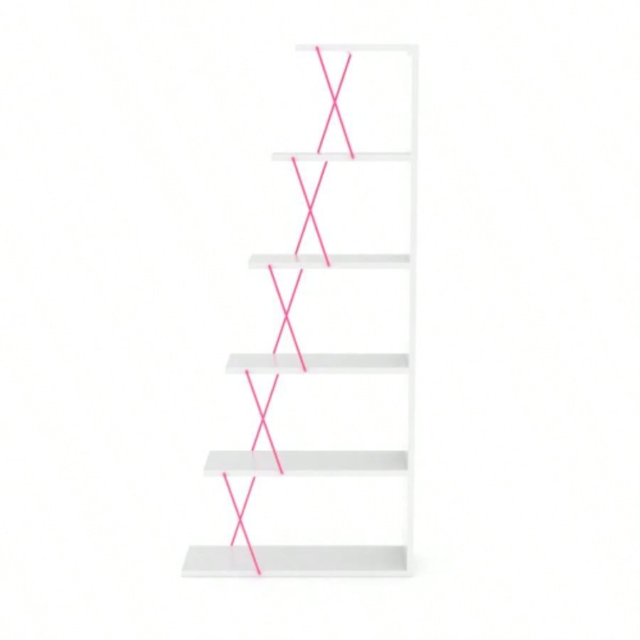 Furnish Home Store Modern 5 Tier Ladder Bookshelf Organizers, Narrow Bookshelf Small Spaces Office Furniture Bookcase, White/Pink