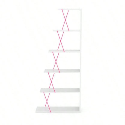 Furnish Home Store Modern 5 Tier Ladder Bookshelf Organizers, Narrow Bookshelf Small Spaces Office Furniture Bookcase, White/Pink