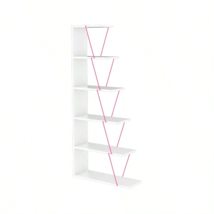 Furnish Home Store Modern 5 Tier Ladder Bookshelf Organizers, Narrow Bookshelf Small Spaces Office Furniture Bookcase, White/Pink