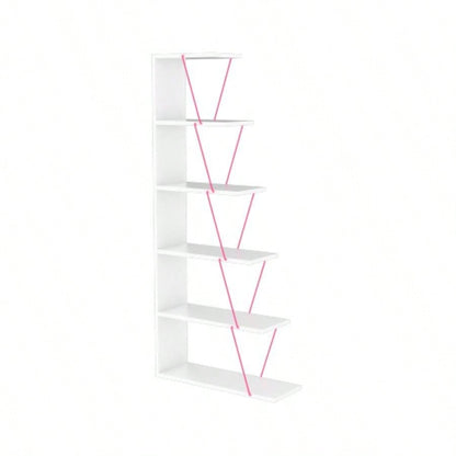 Furnish Home Store Modern 5 Tier Ladder Bookshelf Organizers, Narrow Bookshelf Small Spaces Office Furniture Bookcase, White/Pink