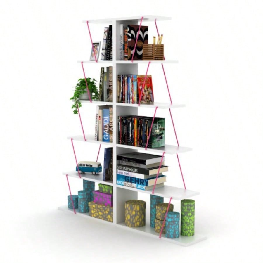 Furnish Home Store Modern 5 Tier Ladder Bookshelf Organizers, Narrow Bookshelf Small Spaces Office Furniture Bookcase, White/Pink