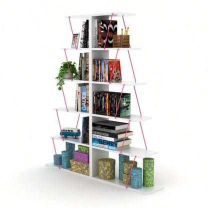 Furnish Home Store Modern 5 Tier Ladder Bookshelf Organizers, Narrow Bookshelf Small Spaces Office Furniture Bookcase, White/Pink