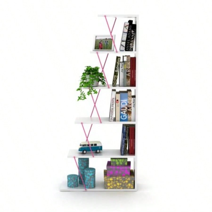 Furnish Home Store Modern 5 Tier Ladder Bookshelf Organizers, Narrow Bookshelf Small Spaces Office Furniture Bookcase, White/Pink