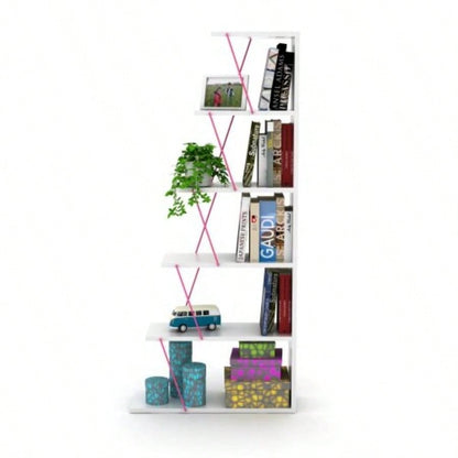 Furnish Home Store Modern 5 Tier Ladder Bookshelf Organizers, Narrow Bookshelf Small Spaces Office Furniture Bookcase, White/Pink