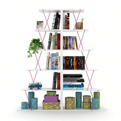 Furnish Home Store Modern 5 Tier Ladder Bookshelf Organizers, Narrow Bookshelf Small Spaces Office Furniture Bookcase, White/Pink
