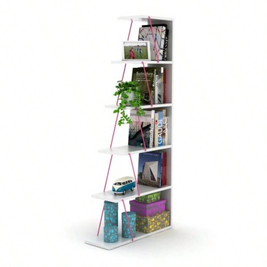 Furnish Home Store Modern 5 Tier Ladder Bookshelf Organizers, Narrow Bookshelf Small Spaces Office Furniture Bookcase, White/Pink