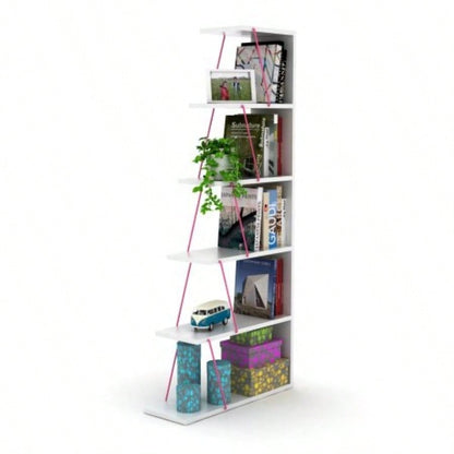 Furnish Home Store Modern 5 Tier Ladder Bookshelf Organizers, Narrow Bookshelf Small Spaces Office Furniture Bookcase, White/Pink