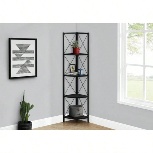 Bookshelf, Bookcase, Etagere, Corner, 4 Tier, 60h, Office, Bedroom, Black Laminate, Black Metal, Contemporary, Modern