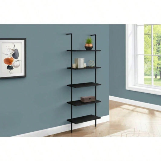 Bookshelf, Bookcase, Etagere, Ladder, 5 Tier, 72h, Office, Bedroom, Black Laminate, Black Metal, Contemporary, Modern