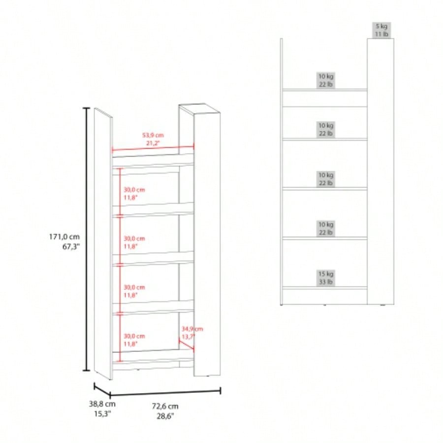 Bookcase, 5 Shelves, Dark Walnut
