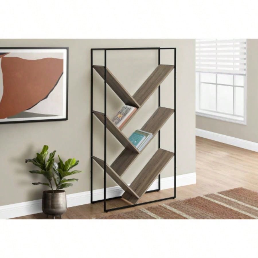 Bookshelf, Bookcase, Etagere, 3 Tier, 60h, Office, Bedroom, Brown Laminate, Black Metal, Contemporary, Modern