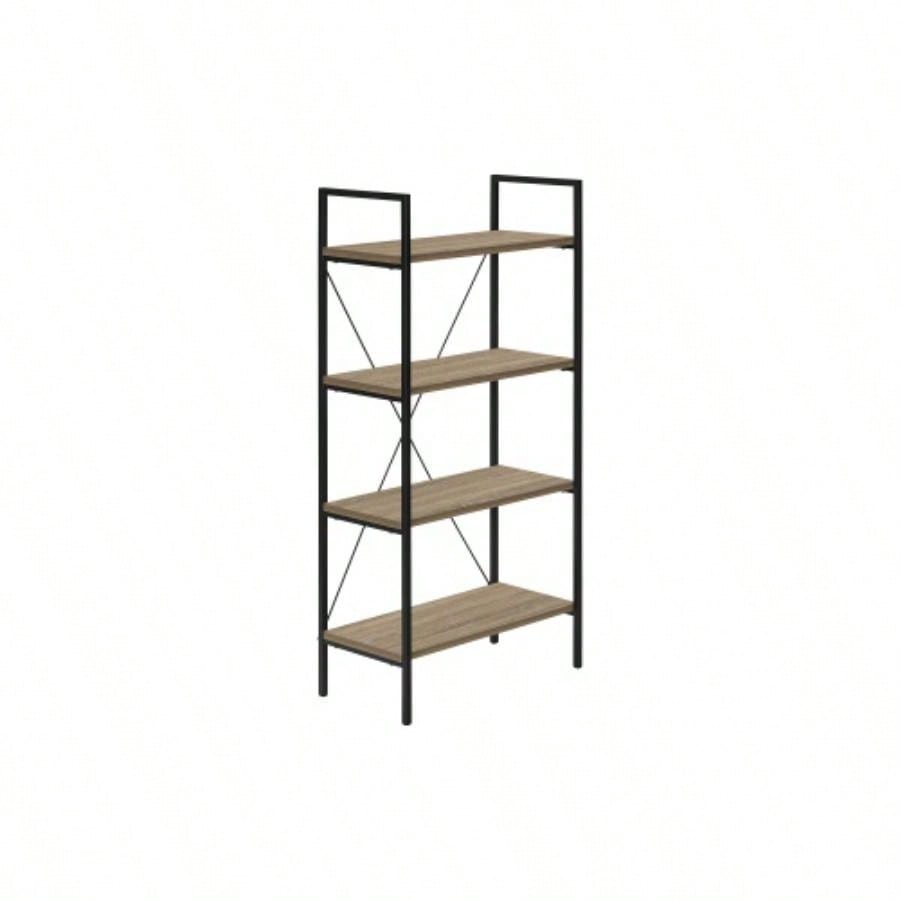Bookshelf, Bookcase, 4 Tier, 48h, Office, Bedroom, Brown Laminate, Black Metal, Contemporary, Modern