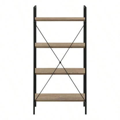 Bookshelf, Bookcase, 4 Tier, 48h, Office, Bedroom, Brown Laminate, Black Metal, Contemporary, Modern