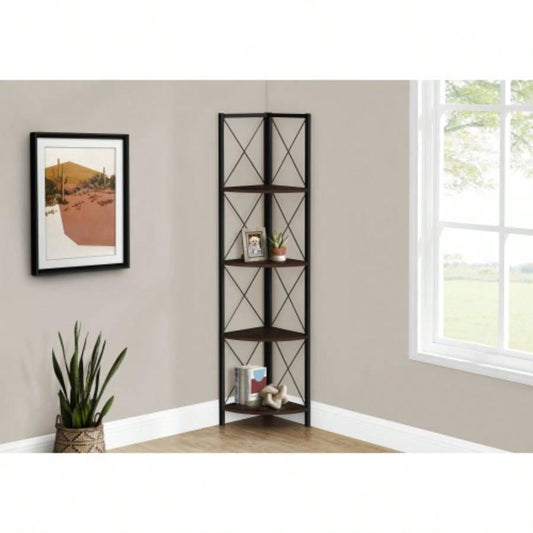Bookshelf, Bookcase, Etagere, Corner, 4 Tier, 60h, Office, Bedroom, Brown Laminate, Black Metal, Contemporary, Modern