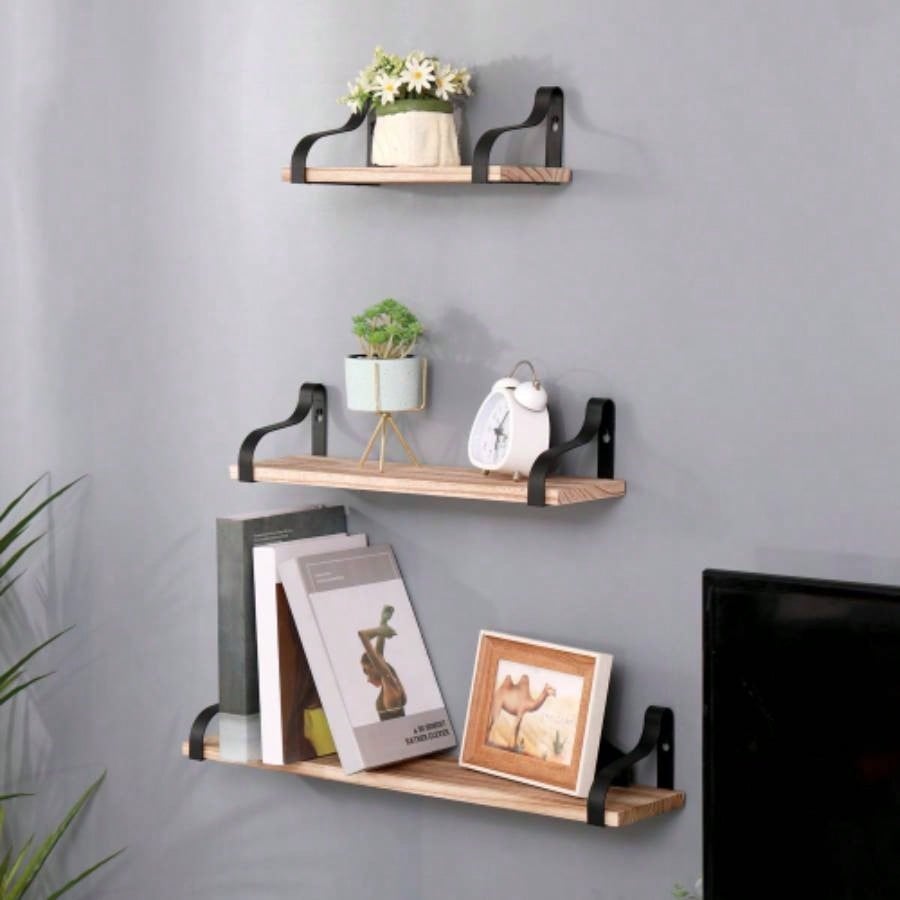 Floating Shelves, Long Wall Shelves Set of 3, Wall Mounted Shelves with Brackets Bedroom, Living Room, Kitchen, Bathroom - Natural Wood