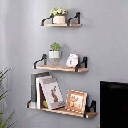 Floating Shelves, Long Wall Shelves Set of 3, Wall Mounted Shelves with Brackets Bedroom, Living Room, Kitchen, Bathroom - Natural Wood