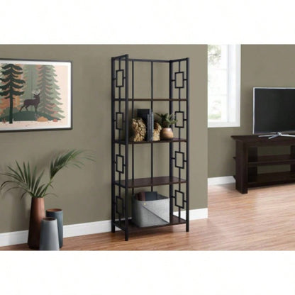 Bookshelf, Bookcase, Etagere, 4 Tier, 62h, Office, Bedroom, Brown Laminate, Black Metal, Contemporary, Modern