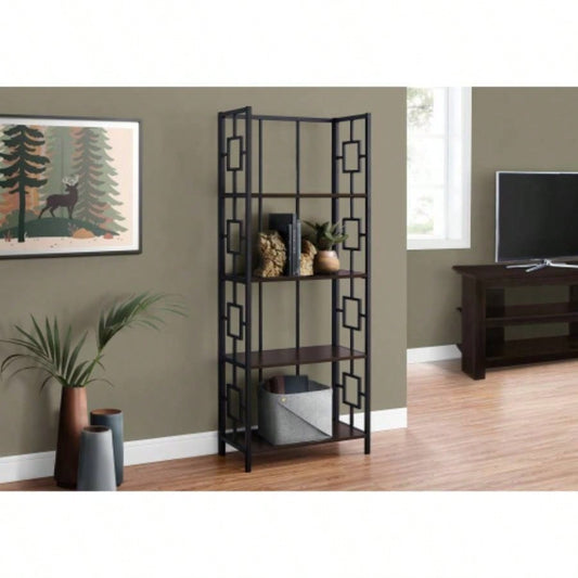 Bookshelf, Bookcase, Etagere, 4 Tier, 62h, Office, Bedroom, Brown Laminate, Black Metal, Contemporary, Modern