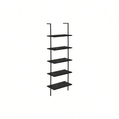 Bookshelf, Bookcase, Etagere, Ladder, 5 Tier, 72h, Office, Bedroom, Black Marble Look Laminate, Black Metal, Contemporary, Modern
