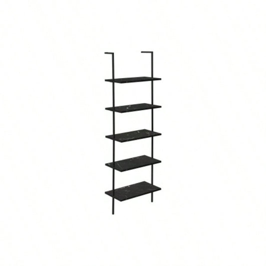 Bookshelf, Bookcase, Etagere, Ladder, 5 Tier, 72h, Office, Bedroom, Black Marble Look Laminate, Black Metal, Contemporary, Modern
