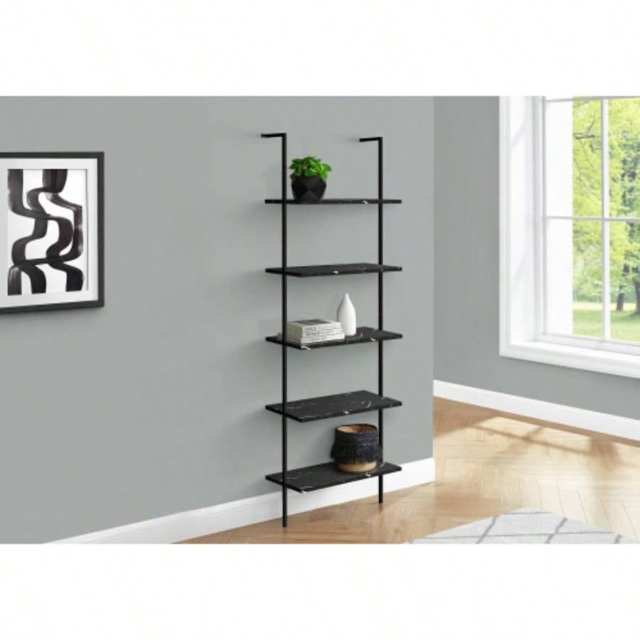 Bookshelf, Bookcase, Etagere, Ladder, 5 Tier, 72h, Office, Bedroom, Black Marble Look Laminate, Black Metal, Contemporary, Modern