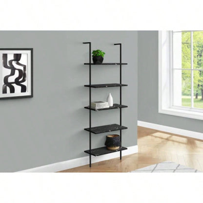 Bookshelf, Bookcase, Etagere, Ladder, 5 Tier, 72h, Office, Bedroom, Black Marble Look Laminate, Black Metal, Contemporary, Modern