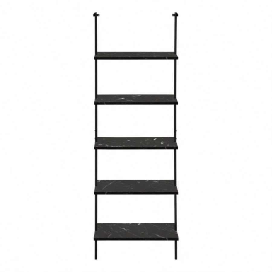 Bookshelf, Bookcase, Etagere, Ladder, 5 Tier, 72h, Office, Bedroom, Black Marble Look Laminate, Black Metal, Contemporary, Modern