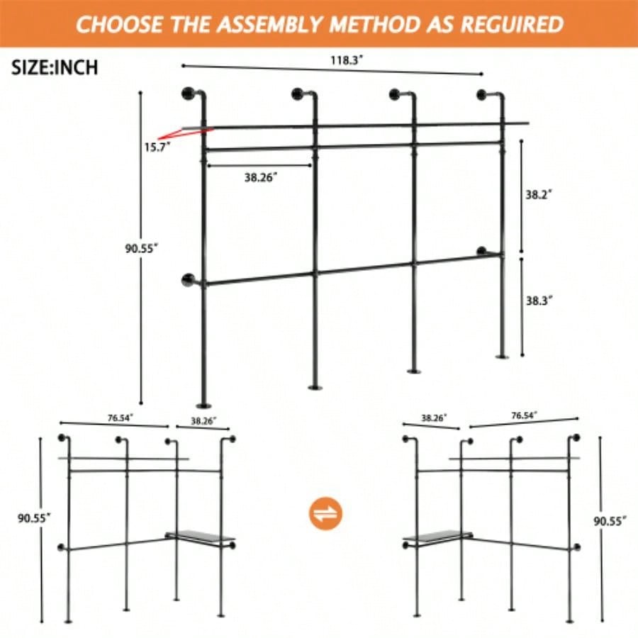 Industrial Pipe Clothing Rack, Reversible 118.3 Clothes Rack Hanging Clothes, Heavy Duty Garment Rack Closet Wardrobe Rack with LED Lights Shelves, Walk - in Closet System, Black Three