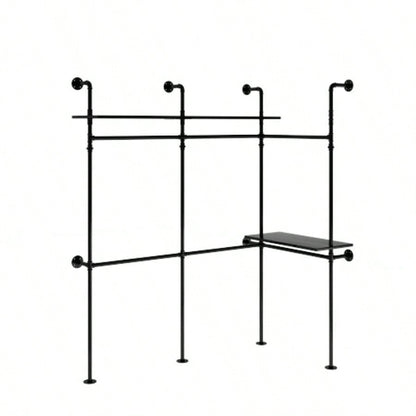 Industrial Pipe Clothing Rack, Reversible 118.3 Clothes Rack Hanging Clothes, Heavy Duty Garment Rack Closet Wardrobe Rack with LED Lights Shelves, Walk - in Closet System, Black Three