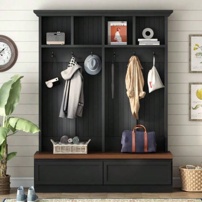 Assembly Video Farmhouse 4 - in - 1 Hall Tree with Wood Grain, Mudroom Versatile Coat Rack with 2 Large Drawer, Entrance Organizer Hallway, Living Room, Black, 55.9 Same as N721P205660