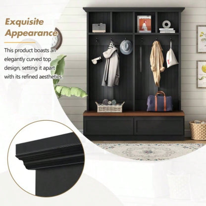 Assembly Video Farmhouse 4 - in - 1 Hall Tree with Wood Grain, Mudroom Versatile Coat Rack with 2 Large Drawer, Entrance Organizer Hallway, Living Room, Black, 55.9 Same as N721P205660