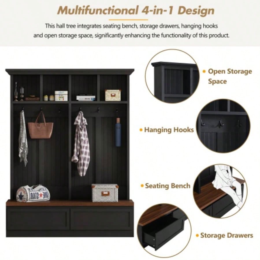 Assembly Video Farmhouse 4 - in - 1 Hall Tree with Wood Grain, Mudroom Versatile Coat Rack with 2 Large Drawer, Entrance Organizer Hallway, Living Room, Black, 55.9 Same as N721P205660