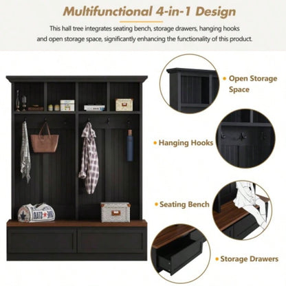Assembly Video Farmhouse 4 - in - 1 Hall Tree with Wood Grain, Mudroom Versatile Coat Rack with 2 Large Drawer, Entrance Organizer Hallway, Living Room, Black, 55.9 Same as N721P205660