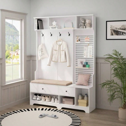 Multi - purpose Hallway Hall Tree with Removable Linen Cushioned Entryway, Coat Rack, Storage Shelves, and Pegboard, Hallways, Living Room, White