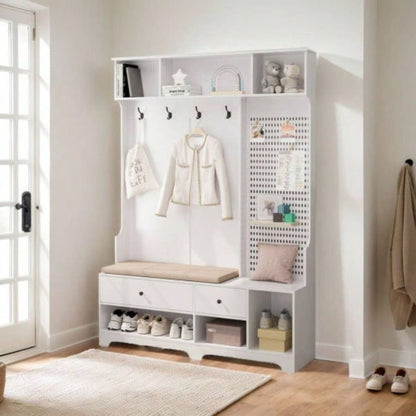 Multi - purpose Hallway Hall Tree with Removable Linen Cushioned Entryway, Coat Rack, Storage Shelves, and Pegboard, Hallways, Living Room, White