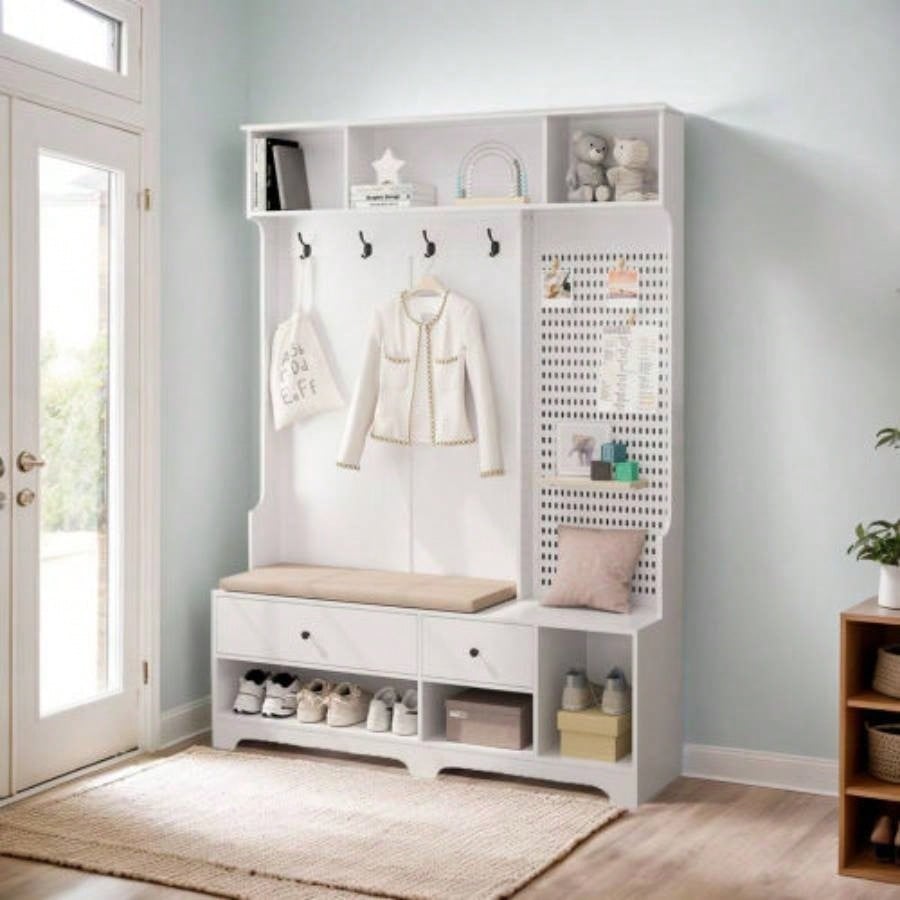 Multi - purpose Hallway Hall Tree with Removable Linen Cushioned Entryway, Coat Rack, Storage Shelves, and Pegboard, Hallways, Living Room, White