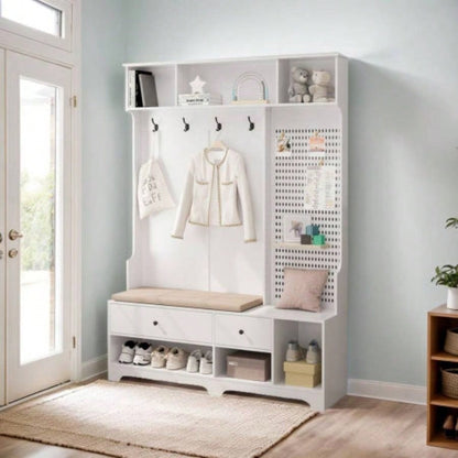 Multi - purpose Hallway Hall Tree with Removable Linen Cushioned Entryway, Coat Rack, Storage Shelves, and Pegboard, Hallways, Living Room, White